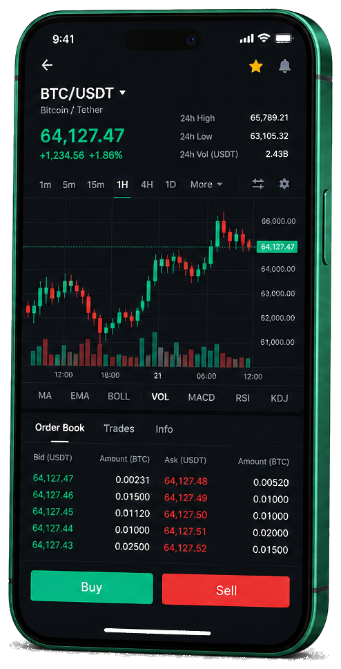 Welfarionix trading platform on mobile — live BTC/USDT chart, order book, and buy/sell interface